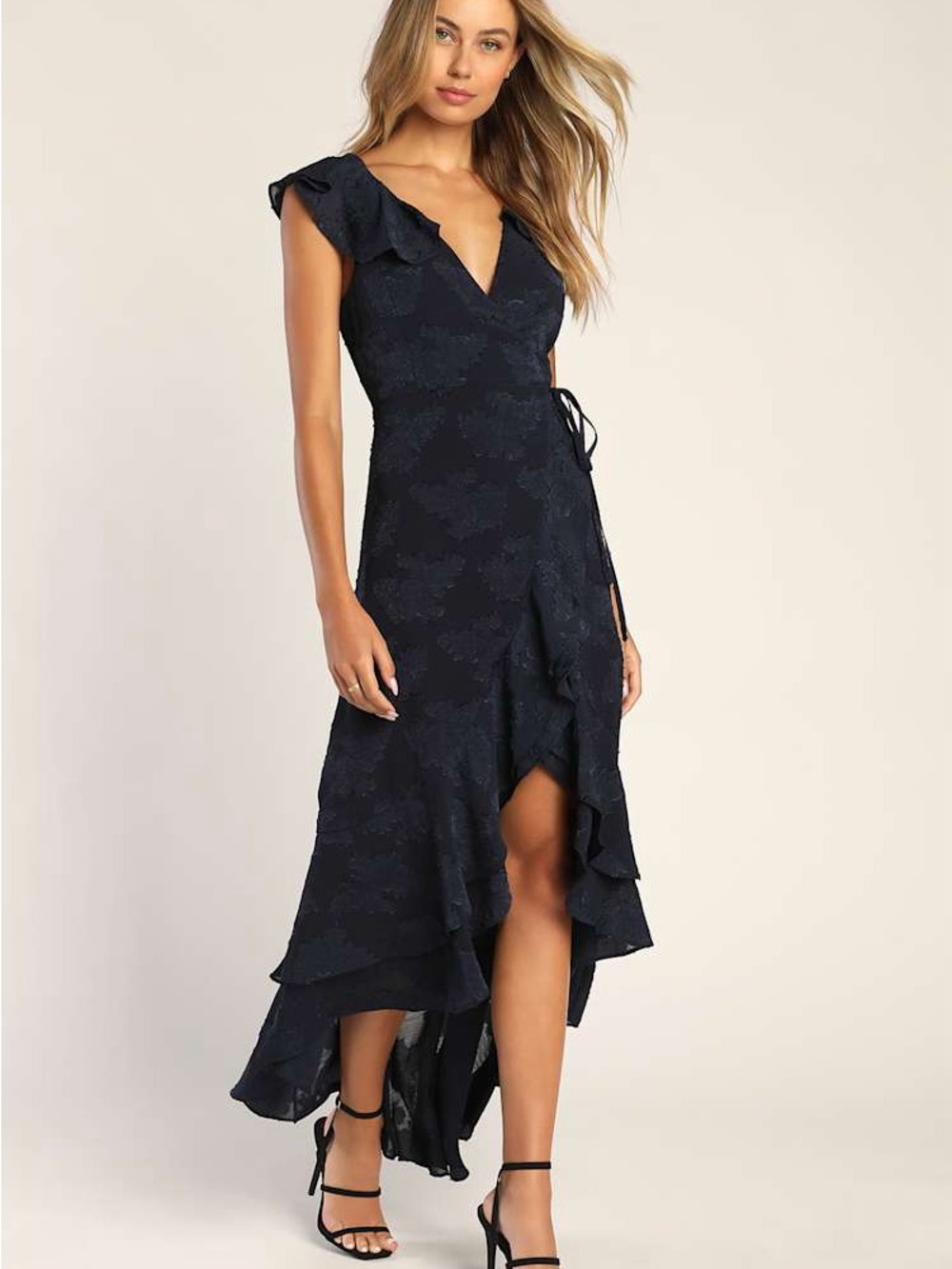 Lulus Aura Navy Blue Floral Burnout High-Low Wrap Dress XL NWT